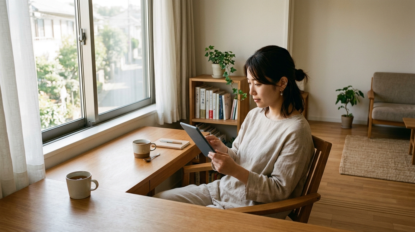 清潔な部屋の窓辺でタブレット端末を使って快適に電子書籍を読む女性